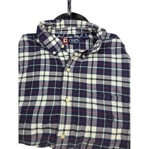Chaps Men XL Plaid Button Down Shirt Navy Blue Cream Red 100% Cotton Long Sleeve